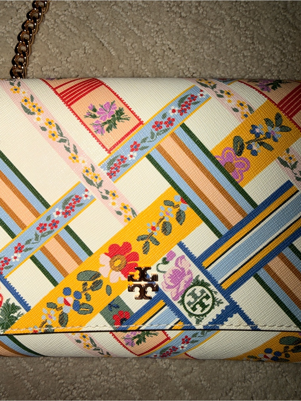 Tory Burch Stylish Floral Stripe Crossbody Bag in Cream and Yellow - Picture 2 of 4